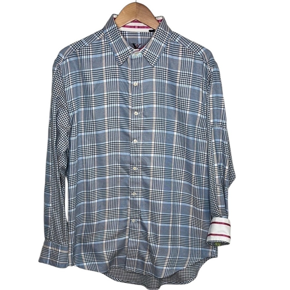 Robert Graham Blue Houndstooth Button Up Dress Shirt Men Size Large